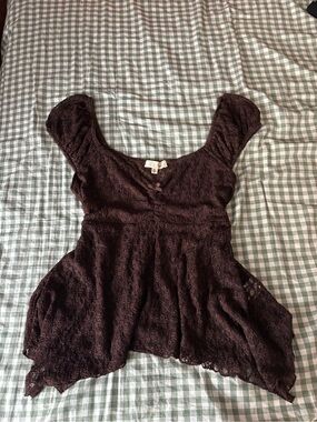 Women's Brown Lace Cap Sleeve Peplum Tank Top
